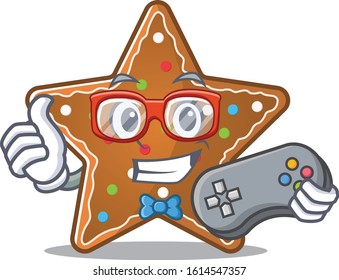Smiley gamer gingerbread star cartoon mascot style