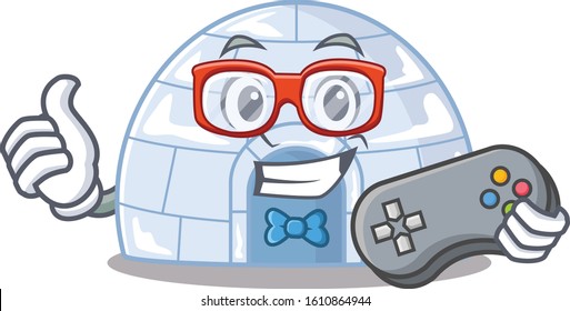 Smiley gamer igloo cartoon mascot in style