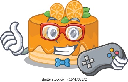 Smiley gamer orange cake cartoon mascot style
