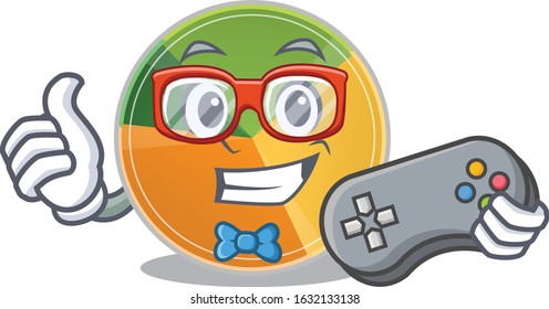 Smiley gamer pie chart cartoon mascot style