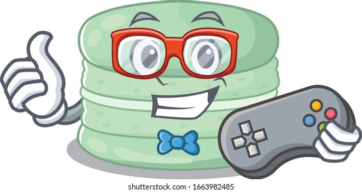 Smiley gamer pistachio macaron cartoon mascot style