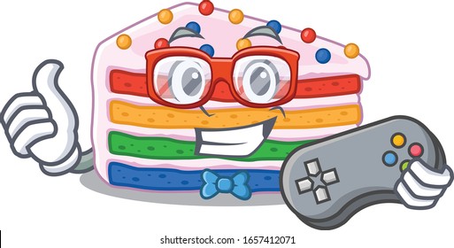 Smiley gamer rainbow cake cartoon mascot style