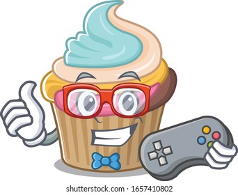 Smiley gamer rainbow cupcake cartoon mascot style