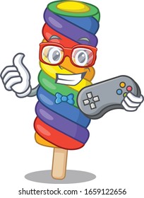 Smiley gamer rainbow ice cream cartoon mascot style