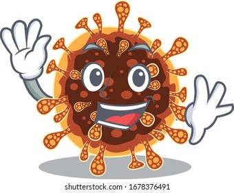Smiley gamma coronavirus cartoon mascot design with waving hand