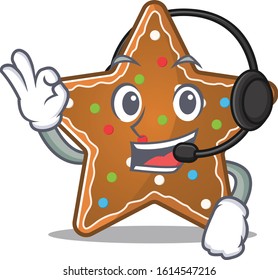 Smiley gingerbread star cartoon character design wearing headphone