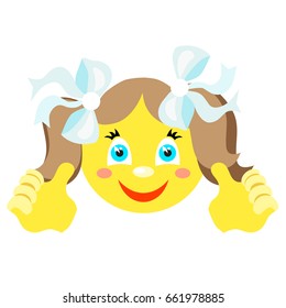 Smiley girl with finger gesture with both hands. 