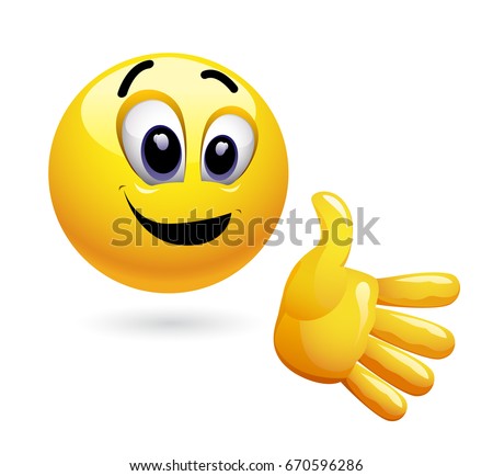 Smiley giving his hand for handshake. Friendly emoticon wants to handshake with you.