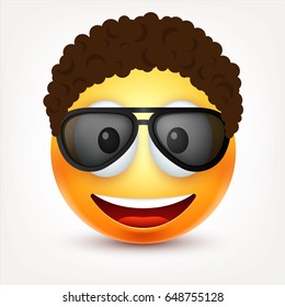 Smiley with glasses and hairs,smiling,happy emoticon. Yellow face with emotions. Facial expression. 3d realistic emoji. Funny cartoon character.Mood. Web icon. Vector illustration.