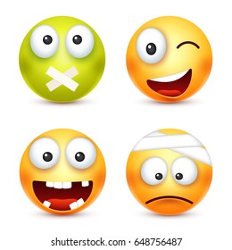 Smiley with glasses,smiling angry,sad,happy emoticon. Yellow face with emotions. Facial expression. 3d realistic emoji. Funny cartoon character.Mood. Web icon. Vector illustration.
