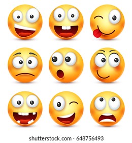 Smiley with glasses,smiling angry,sad,happy emoticon. Yellow face with emotions. Facial expression. 3d realistic emoji. Funny cartoon character.Mood. Web icon. Vector illustration.