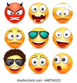 Smiley with glasses,smiling angry,sad,happy emoticon. Yellow face with emotions. Facial expression. 3d realistic emoji. Funny cartoon character.Mood. Web icon. Vector illustration.