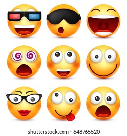 Smiley with glasses,smiling angry,sad,happy emoticon. Yellow face with emotions. Facial expression. 3d realistic emoji. Funny cartoon character.Mood. Web icon. Vector illustration.