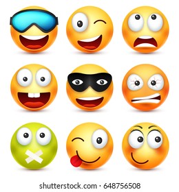 Smiley with glasses,smiling,angry,sad,happy emoticon. Yellow face with emotions. Facial expression. 3d realistic emoji. Funny cartoon character.Mood. Web icon. Vector illustration.