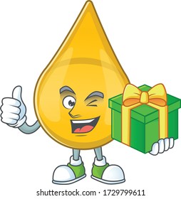 Smiley gold hair serum cartoon character holding a gift box
