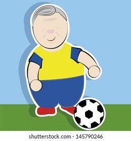 Smiley Grandfather playing football, in uniform and ball in the field.