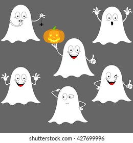 Smiley Halloween Ghosts Set with different face emotions and gestures isolated on grey background. Vector illustration.