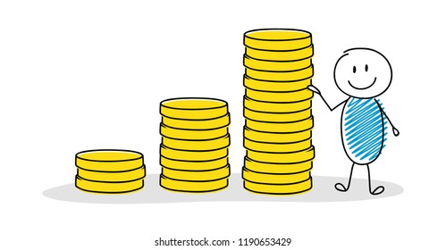 Smiley hand drawn stickman showing money graph. Vector.