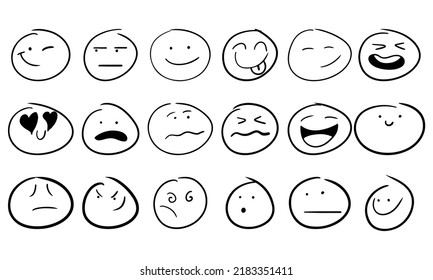 Smiley handdrawn face doodle icon and freehand smile. Emoticon sign sketch and symbol expression vector illustration. Cartoon people emotion set and drawn mood character. Cute caricature head drawing