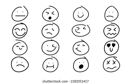 Smiley Handdrawn Face Doodle Icon And Freehand Smile. Emoticon Sign Sketch And Symbol Expression Vector Illustration. Cartoon People Emotion Set And Drawn Mood Character. Cute Caricature Head Drawing