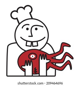 Smiley happy face cartoon holding octopus as chef