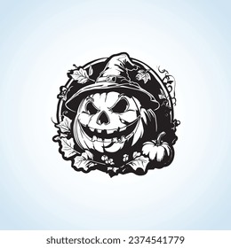 Smiley a happy pumpkin wearing witch hat and celebrating Halloween, vector art drawing illustration