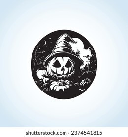 Smiley a happy pumpkin wearing witch hat and celebrating Halloween, vector art drawing illustration
