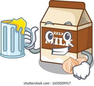 Smiley hazelnut milk mascot design with a big glass