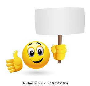 Smiley holding advertise. Smiley emoticon protesting and holding placard. Smiley at the meeting.