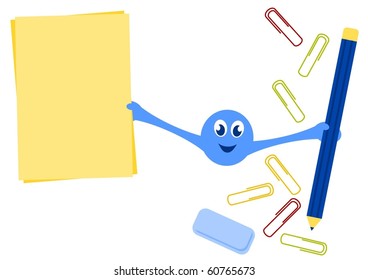 smiley holding paper and pencil