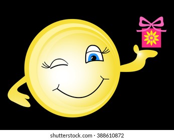 Smiley holding a wrapped gift. Isolated on a black background