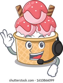 Smiley ice cream sundae cartoon character design wearing headphone
