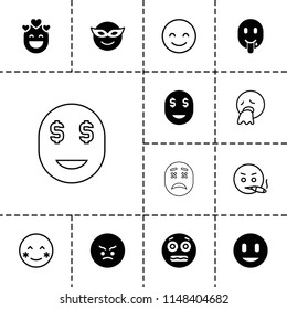 Smiley icon. collection of 13 smiley filled and outline icons such as emoji in mask, angry emot, shocked emoji, blush, smiling emot. editable smiley icons for web and mobile.