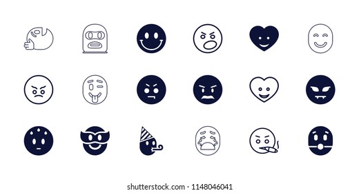 Smiley icon. collection of 18 smiles filled and outline icons such as angry emot, sweating emot, heart face, emoji in mask. editable smile icons for web and mobile.