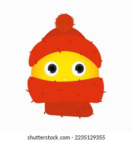 Smiley icon dressed in a warm winter scarf and hat in red. Suitable for use as emoji, stickers. 3 D. Vector illustration.