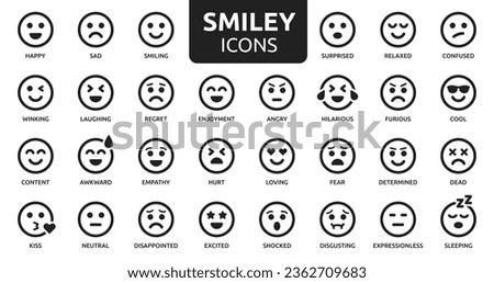 Smiley icon line set. Emoji icon collection containing happy emotion, sad, smiling, surprised, angry, relaxed, confused, laughing, excited and shocked emoticon icons. Vector outline illustration.