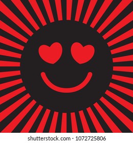 Smiley icon in love. Sun with heart shaped eyes. Pop art style. Bright vector illustration.