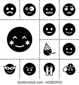 Smiley icon. set of 13 filled smileyicons such as smiling emot, blush, emoji in mask, angry emot, crying emoji