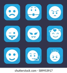 smiley icon. Set of 9 smiley filled icons such as angry emot, emoji showing tongue, emot in love, smile