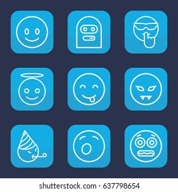 Smiley icon. set of 9 outline smiley icons such as smiling emot, emoji angel, emot showing tongue