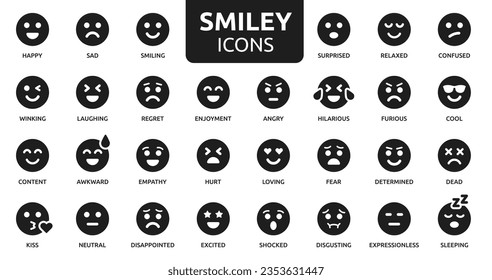 Smiley icon set. Containing happy, sad, smiling, surprised, angry, relaxed, confused, laughing, excited, disappointed and shocked emoticon icons. Emoji icon collection. Vector illustration.