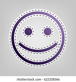 Smiley icon. Smile with big eyes. Vector. Violet icon with outline for cutting out at gray background.