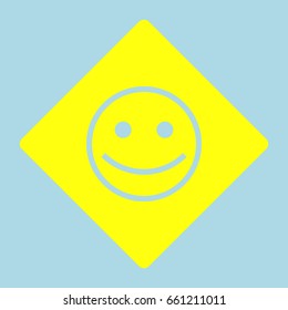 Smiley icon. Smile with big eyes. Vector. Yellow romb with hole as icon on lightblue background.