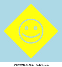 Smiley icon. Smile with opened eyes. Vector. Yellow romb with hole as icon on lightblue background.