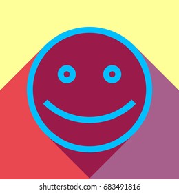 Smiley icon. Smile with opened eyes. Vector. Deep sky blue icon with two flat violet and raspberry semitransparent shadows on canary background.