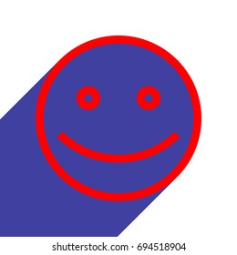 Smiley icon. Smile with opened eyes. Vector. Red flat style icon with dark blue long shadow on white background.