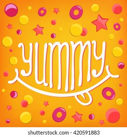 Smiley icon. Yummy log lettering concept. Vector illustration