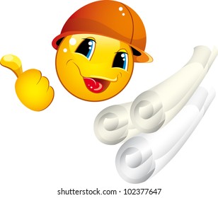 Smiley icons in a helmet with a builder tool shows a gesture OK