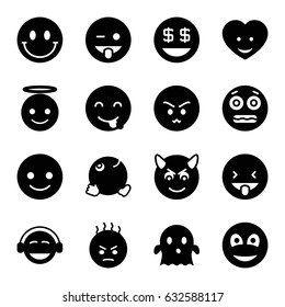 Smiley icons set. set of 16 smiley filled icons such as smiling emot, angry emot, emoji showing tongue, emoji angel, ghost