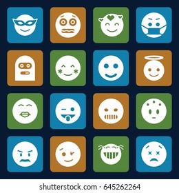Smiley icons set. set of 16 smiley filled icons such as blush, wink emot, emoji in mask, angry emot, emoji showing tongue